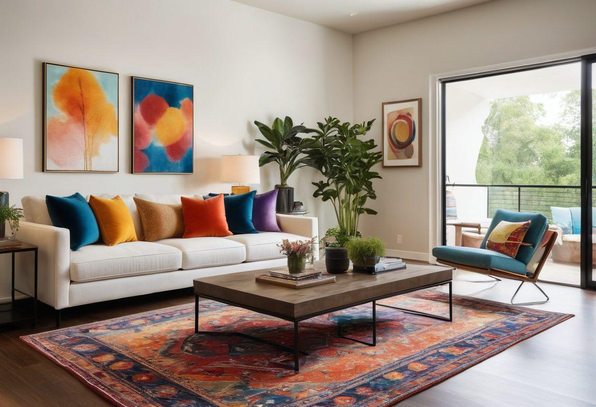 A chic living room featuring modern furniture with clean lines and stylish décor. Incorporate vibrant cushions, a sleek coffee table, and an artistic area rug. Add indoor plants for a touch of nature and warm lighting to create an inviting ambiance. The overall aesthetic should showcase contemporary design and innovative ideas for transforming spaces. super-realistic. vibrant colors. warm lighting.