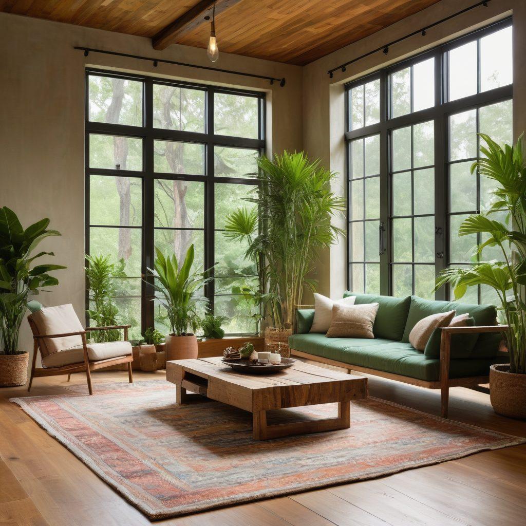 A stylish, modern living room showcasing eco-friendly décor elements: reclaimed wood furniture, indoor plants, organic textiles, and minimalist accessories. Natural light floods the space through large, eco-efficient windows, creating an inviting atmosphere. The color palette features earthy tones and soft greens to emphasize sustainability and comfort. Include small details like upcycled decor and a cozy rug made from recycled materials. super-realistic. vibrant colors. natural lighting.