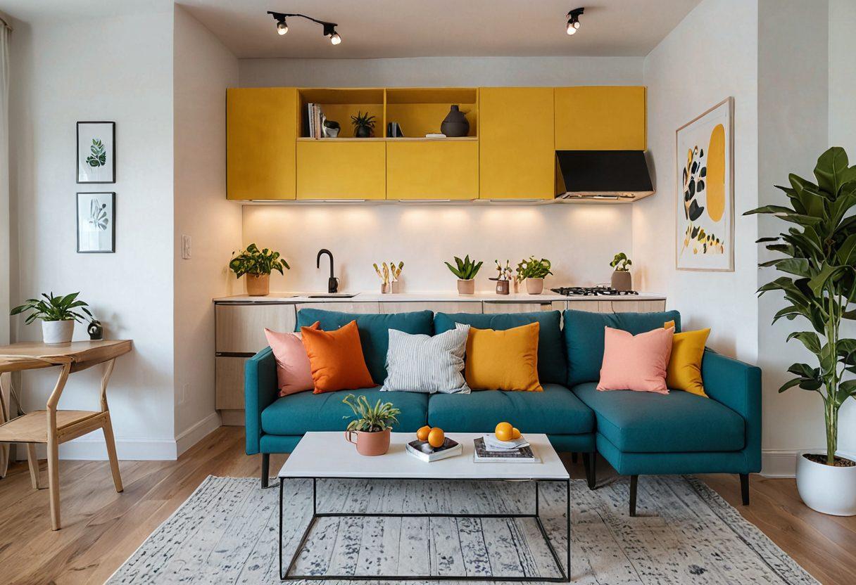 A cozy yet stylish small apartment featuring multifunctional furniture like a foldable dining table and a sofa bed, adorned with vibrant plants and colorful wall art. Capture the essence of smart storage solutions with shelves and hidden compartments, all infused with modern decor elements. Enhance the ambiance with warm lighting and a touch of minimalism. super-realistic. vibrant colors. modern design.